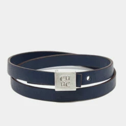 Carolina Herrera Blue Double Wrap Leather Silver Tone Bracelet Men