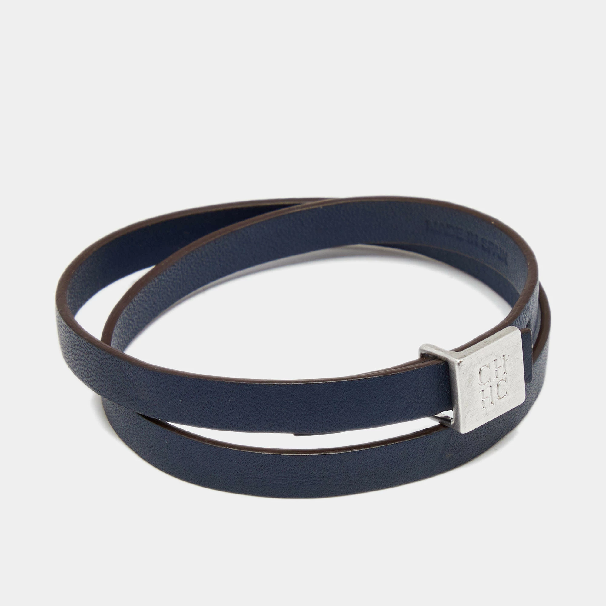Carolina Herrera Blue Double Wrap Leather Silver Tone Bracelet Men