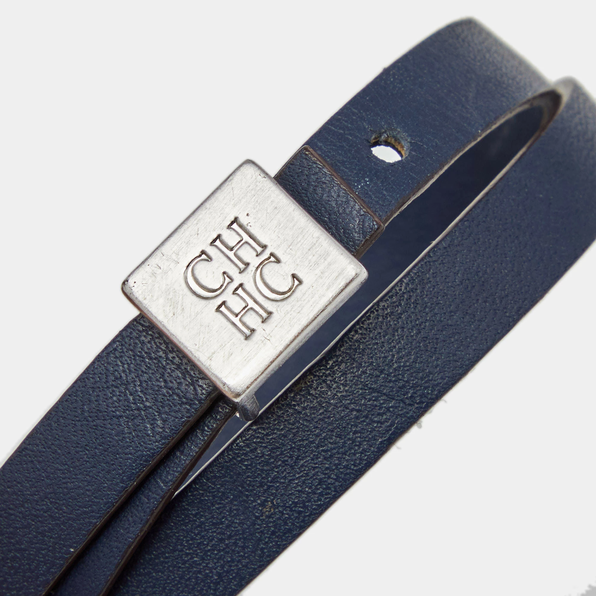 Carolina Herrera Blue Double Wrap Leather Silver Tone Bracelet Men