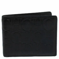 Carolina Herrera Black Monogram Leather Bi-Fold Wallet Men
