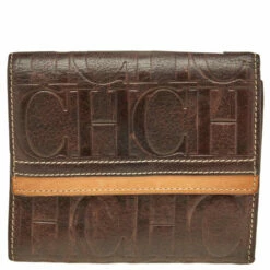 Carolina Herrera Brown Monogram Embossed Leather Trifold Wallet Men