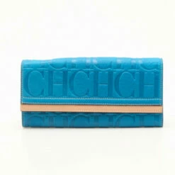 Carolina Herrera Blue Embossed Leather Continental Wallet Men