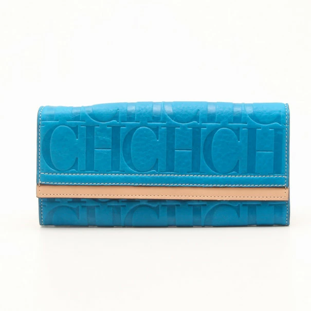 Carolina Herrera Blue Embossed Leather Continental Wallet Men