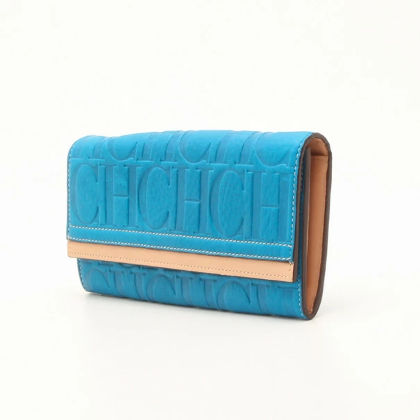 Carolina Herrera Blue Embossed Leather Continental Wallet Men
