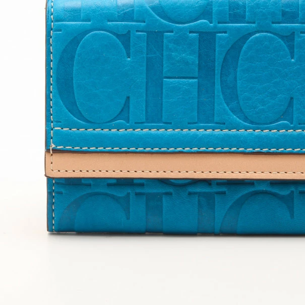 Carolina Herrera Blue Embossed Leather Continental Wallet Men