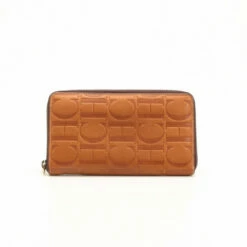Carolina Herrera Brown Embossed Leather Zippy Wallet Men - Tan