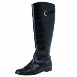 Carolina Herrera Black Patent Leather Monogram Knee Boots Size 39 Men