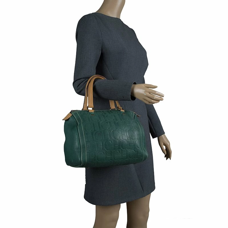 Carolina Herrera Green Monogram Canvas Andy Boston Bag Uncategorized