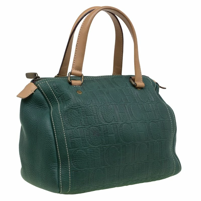 Carolina Herrera Green Monogram Canvas Andy Boston Bag Uncategorized
