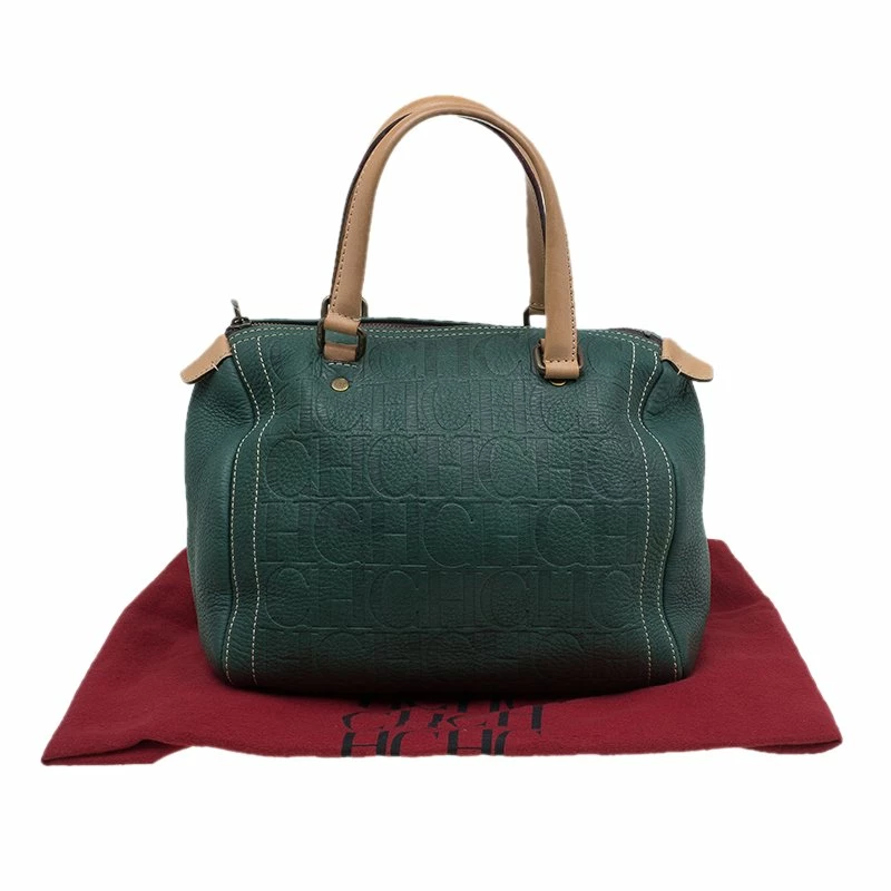Carolina Herrera Green Monogram Canvas Andy Boston Bag Uncategorized