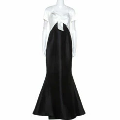 Carolina Herrera Ivory And Black Silk Blend Panel Flared Gown M Women