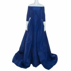 Carolina Herrera Blue Silk Off Shoulder Gown XL Women
