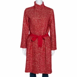 CH Carolina Herrera Red Wool Belted Mid Length Coat M Women