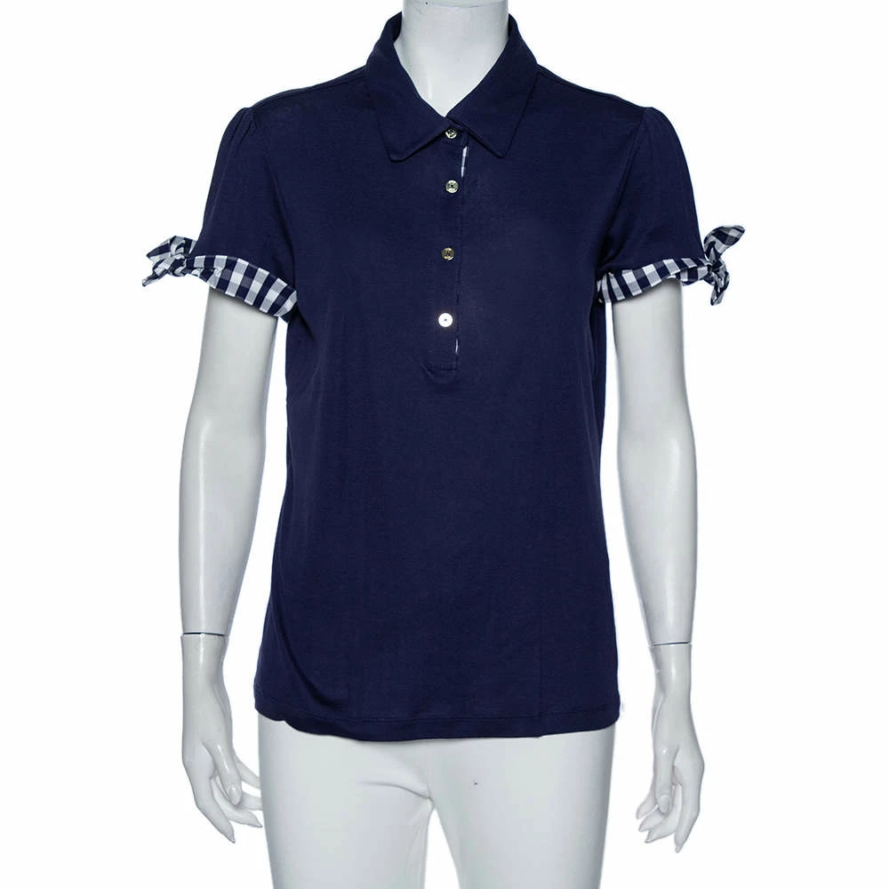Carolina Herrera Indigo Cotton Check Trim Detail Polo T-Shirt L Women - Blue 1 Carolina Herrera Indigo Cotton Check Trim Detail Polo T-Shirt L Women - Blue