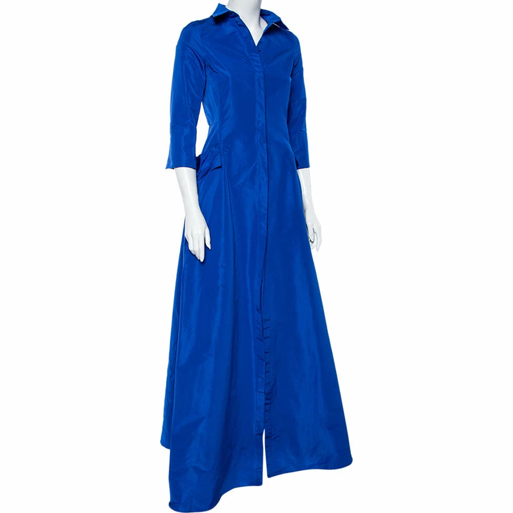 Carolina Herrera Royal Blue Taffeta Pocketed Flared Shirt Dress S Women