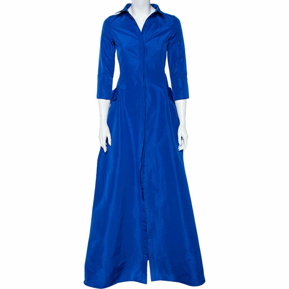 Carolina Herrera Royal Blue Taffeta Pocketed Flared Shirt Dress S Women