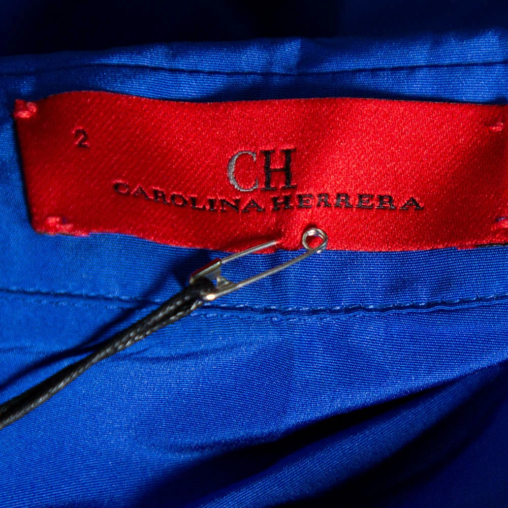 Carolina Herrera Royal Blue Taffeta Pocketed Flared Shirt Dress S Women