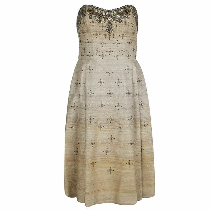 Carolina Herrera Beige Ombre Raw Silk Embellished Strapless Dress M Women