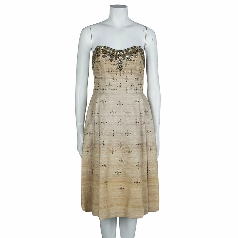 Carolina Herrera Beige Ombre Raw Silk Embellished Strapless Dress M Women