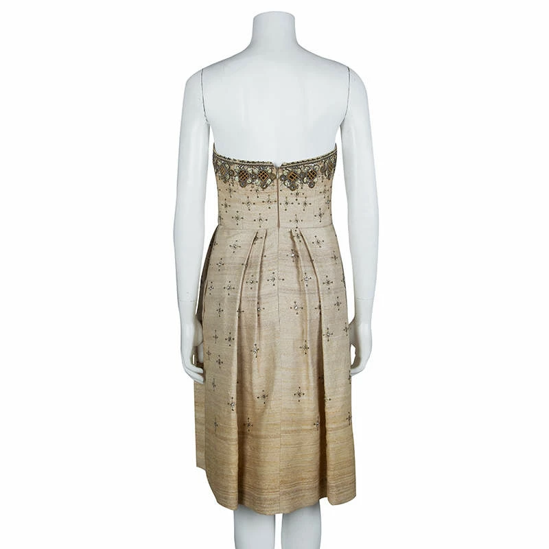 Carolina Herrera Beige Ombre Raw Silk Embellished Strapless Dress M Women