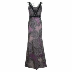 Carolina Herrera Purple Floral Corded Embellishment Detail Silk Gown L Women