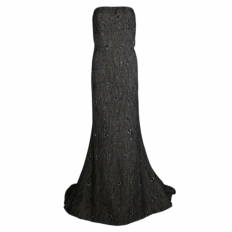 Carolina Herrera Brown Cloque Embellished Strapless Gown L Women