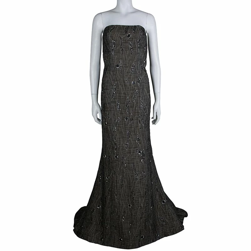 Carolina Herrera Brown Cloque Embellished Strapless Gown L Women