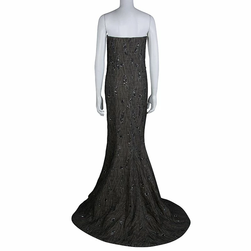 Carolina Herrera Brown Cloque Embellished Strapless Gown L Women