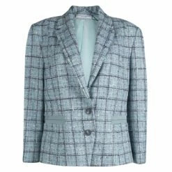 Carolina Herrera Powder Blue Checked Tweed Blazer XL Women