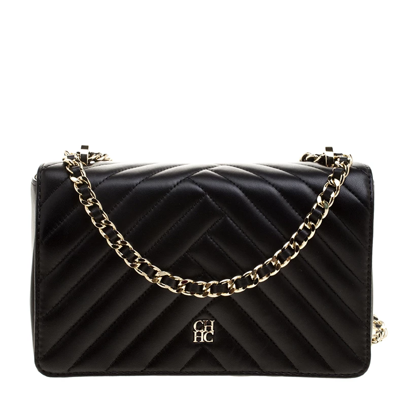 Carolina Herrera Black Quilted Leather Flap Bag Women
