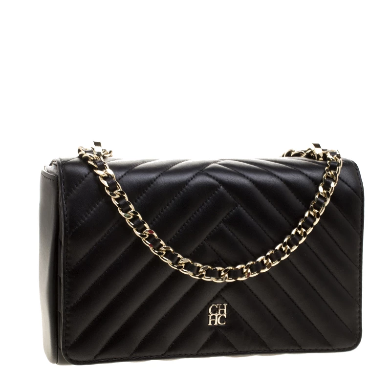 Carolina Herrera Black Quilted Leather Flap Bag Women