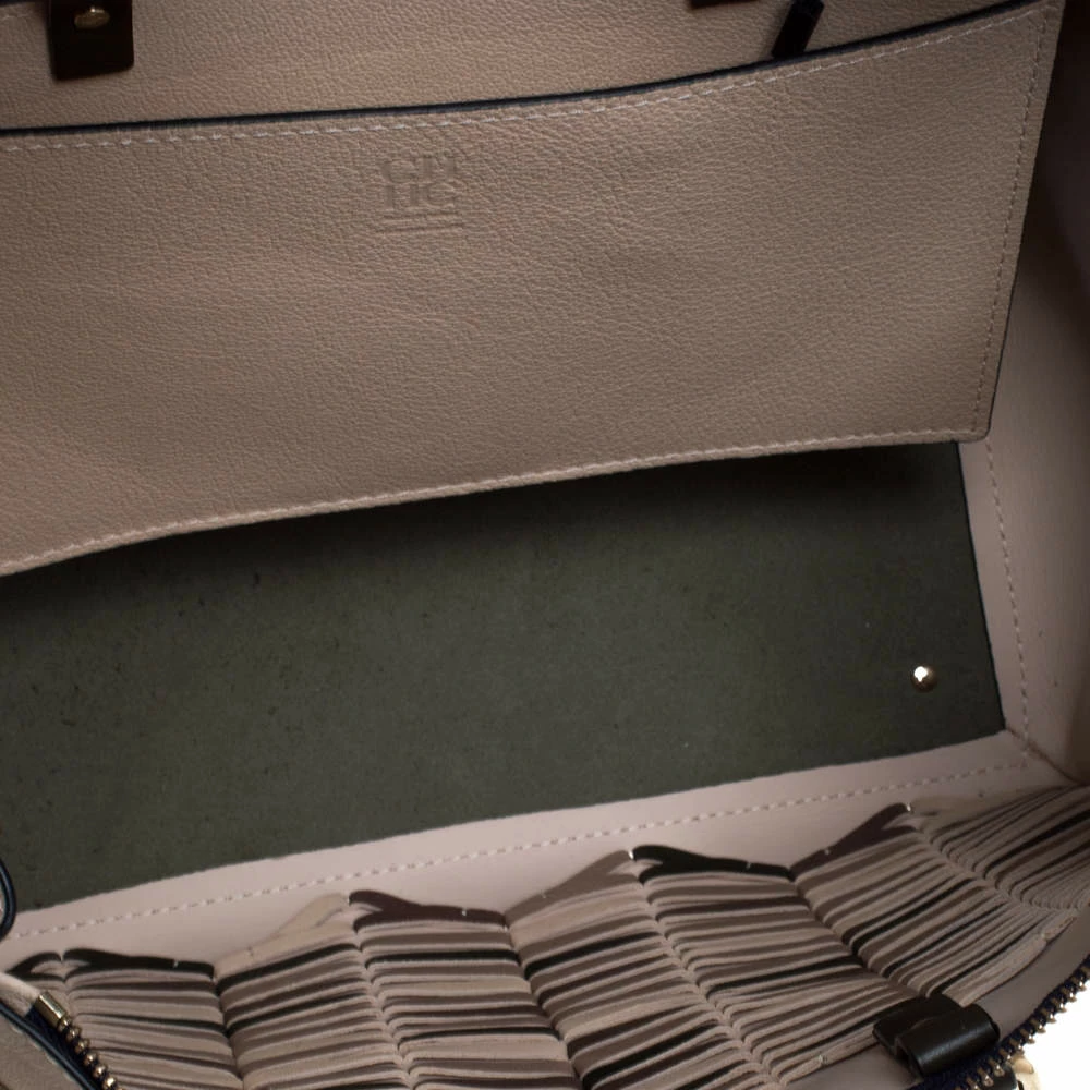 Carolina Herrera Beige/Green Wave Detailed Leather Vendome Tote Women