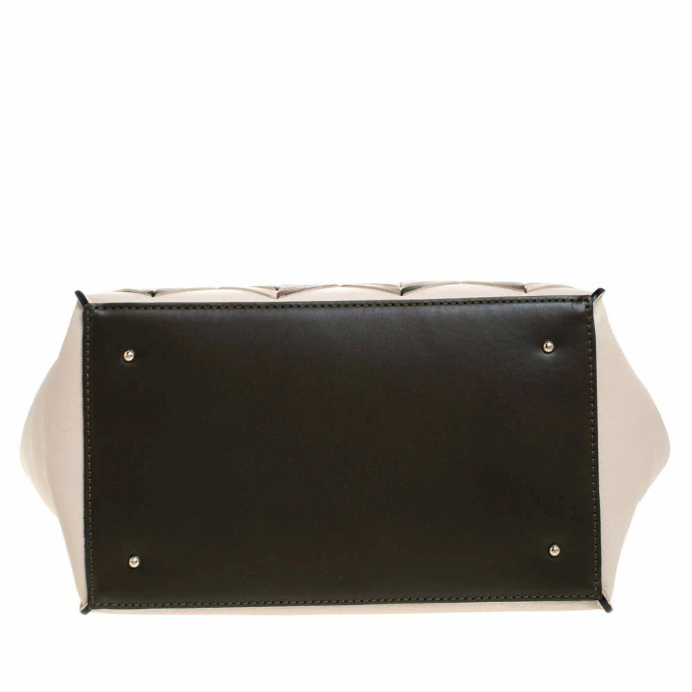 Carolina Herrera Beige/Green Wave Detailed Leather Vendome Tote Women