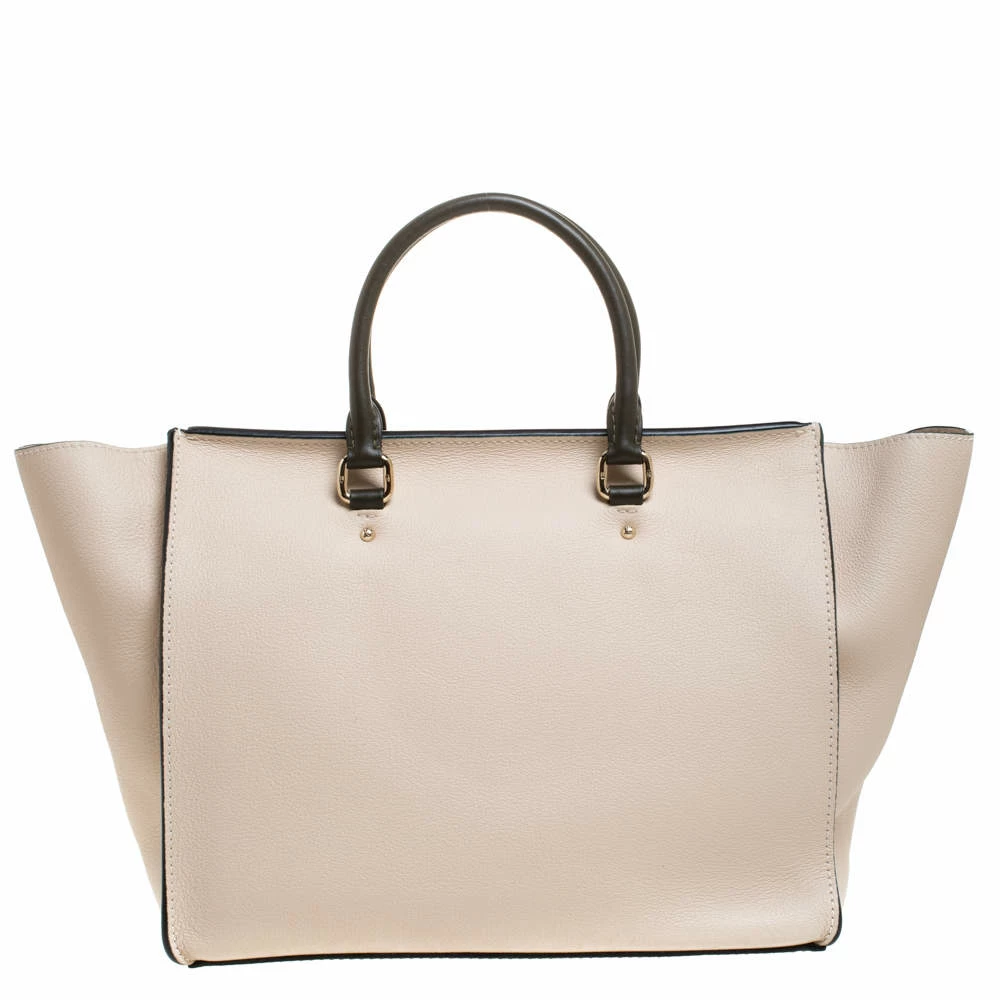 Carolina Herrera Beige/Green Wave Detailed Leather Vendome Tote Women