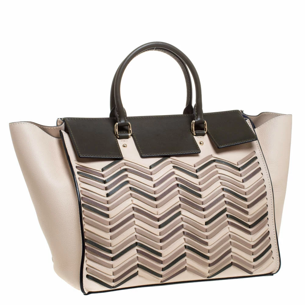 Carolina Herrera Beige/Green Wave Detailed Leather Vendome Tote Women