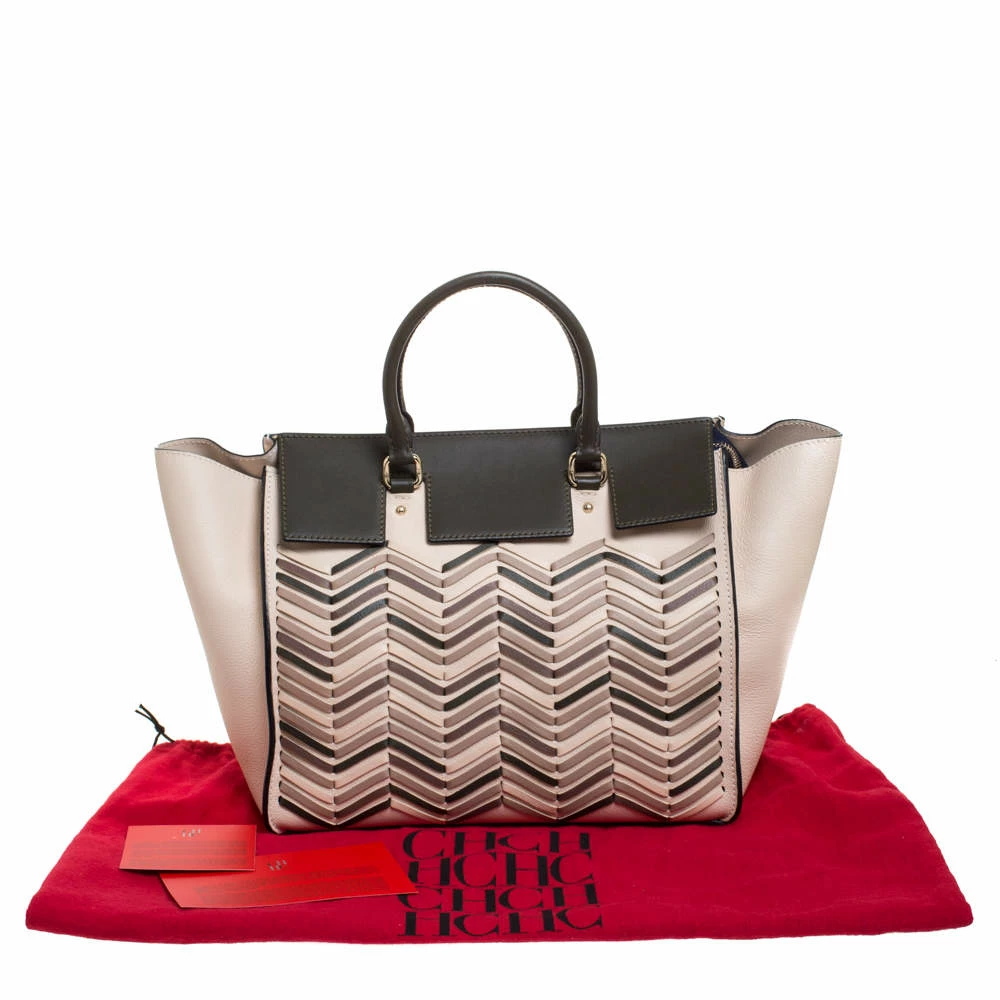 Carolina Herrera Beige/Green Wave Detailed Leather Vendome Tote Women