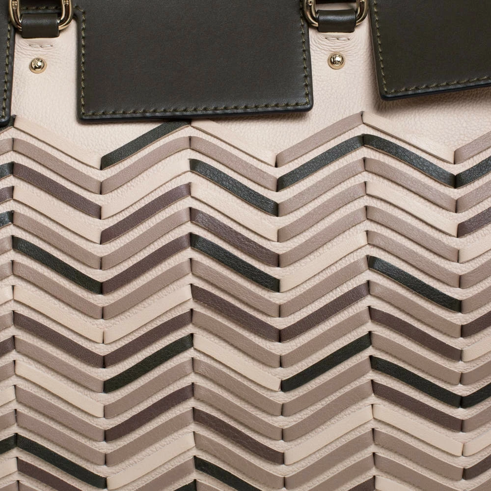 Carolina Herrera Beige/Green Wave Detailed Leather Vendome Tote Women