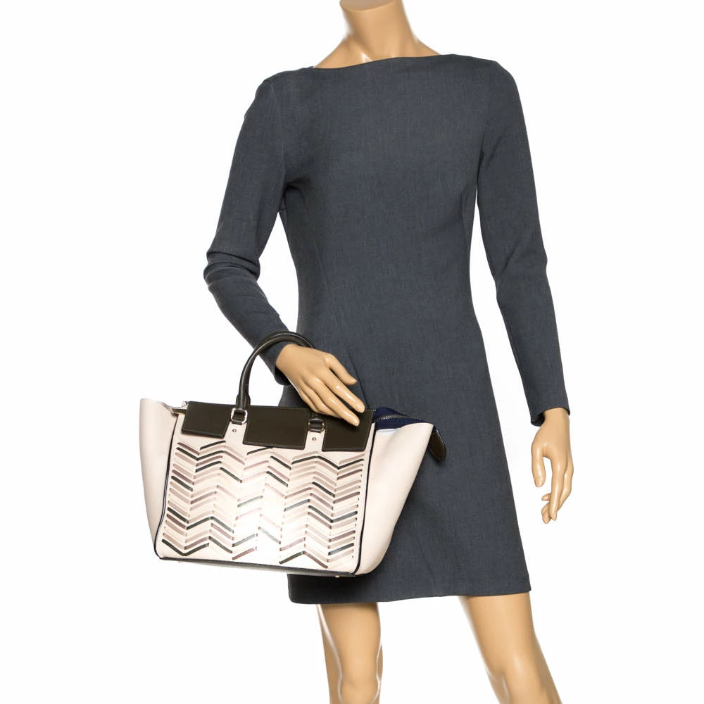 Carolina Herrera Beige/Green Wave Detailed Leather Vendome Tote Women