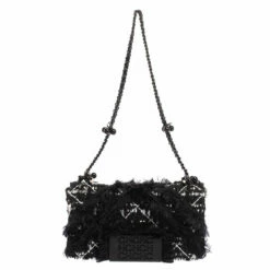 Carolina Herrera Black Tweed CH Flap Shoulder Bag Women