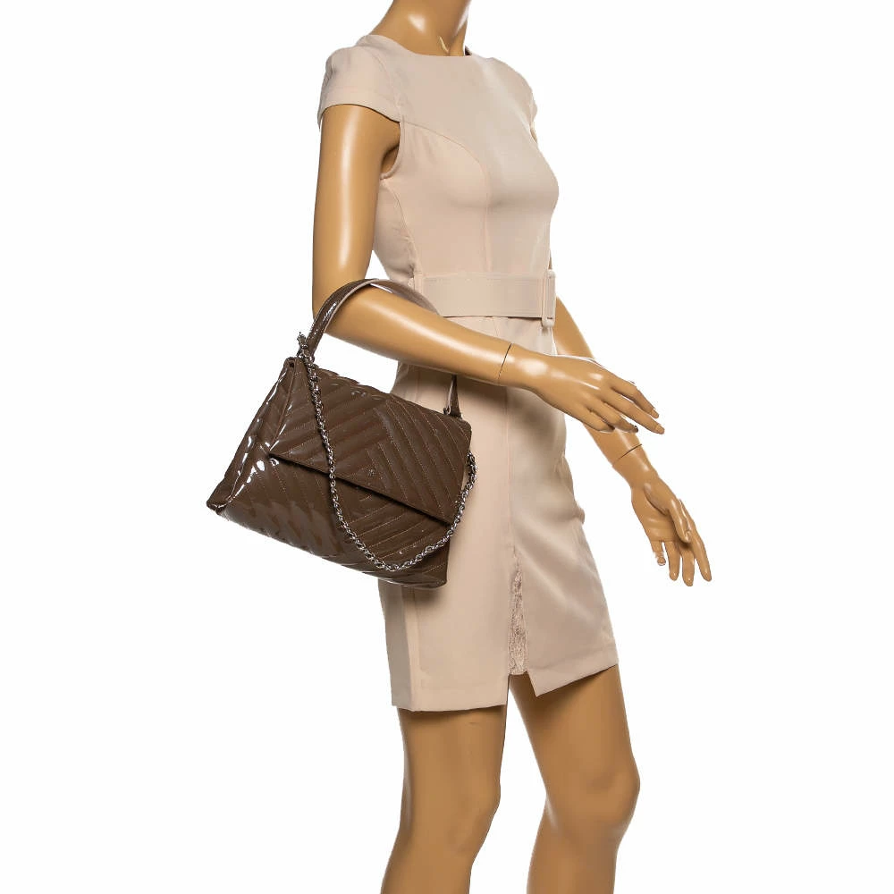 Carolina Herrera Dark Beige Quilted Chevron Patent Leather Flap Top Handle Bag Women