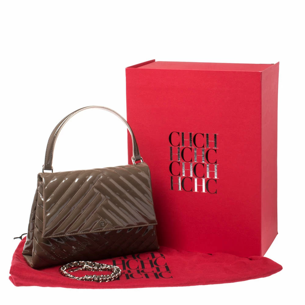 Carolina Herrera Dark Beige Quilted Chevron Patent Leather Flap Top Handle Bag Women