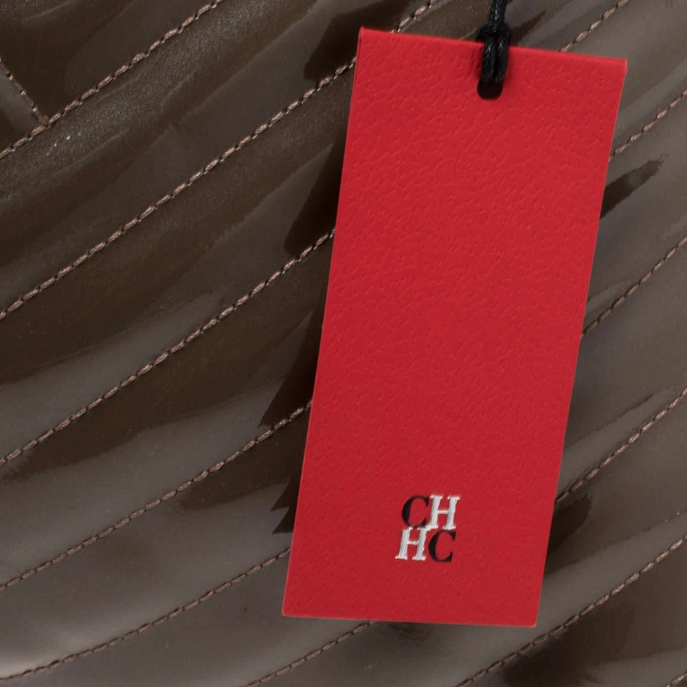 Carolina Herrera Dark Beige Quilted Chevron Patent Leather Flap Top Handle Bag Women