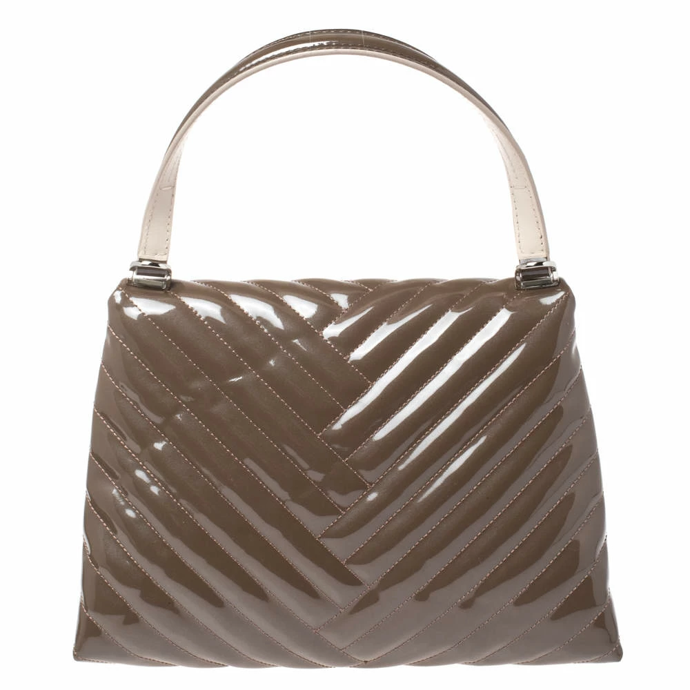 Carolina Herrera Dark Beige Quilted Chevron Patent Leather Flap Top Handle Bag Women