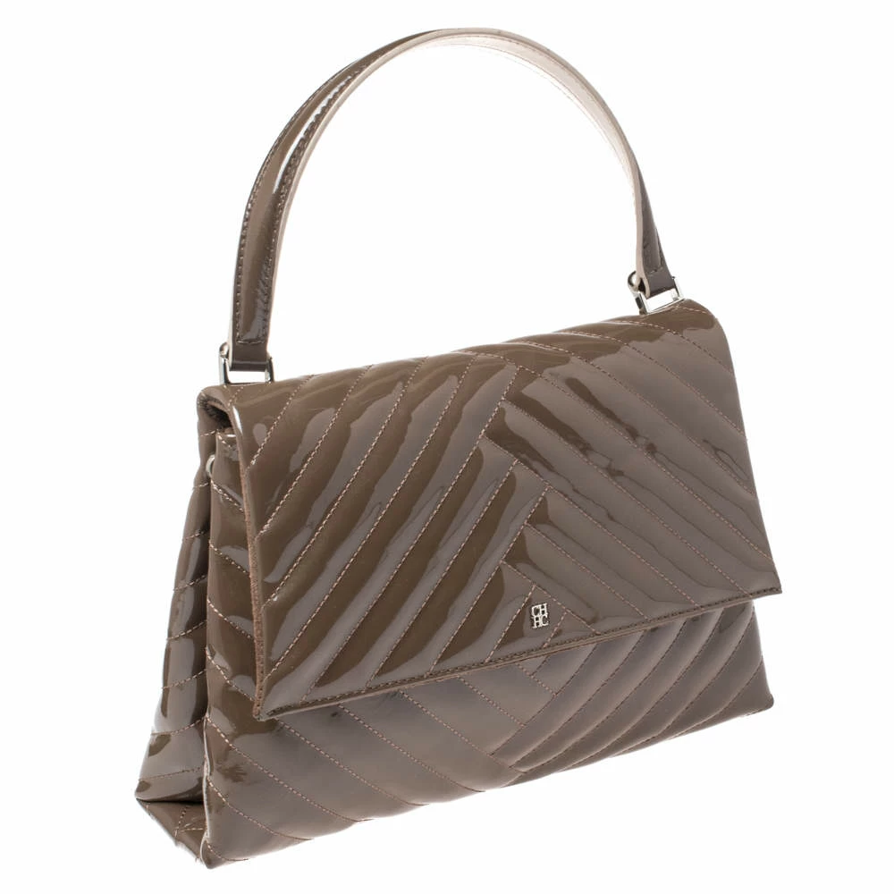 Carolina Herrera Dark Beige Quilted Chevron Patent Leather Flap Top Handle Bag Women