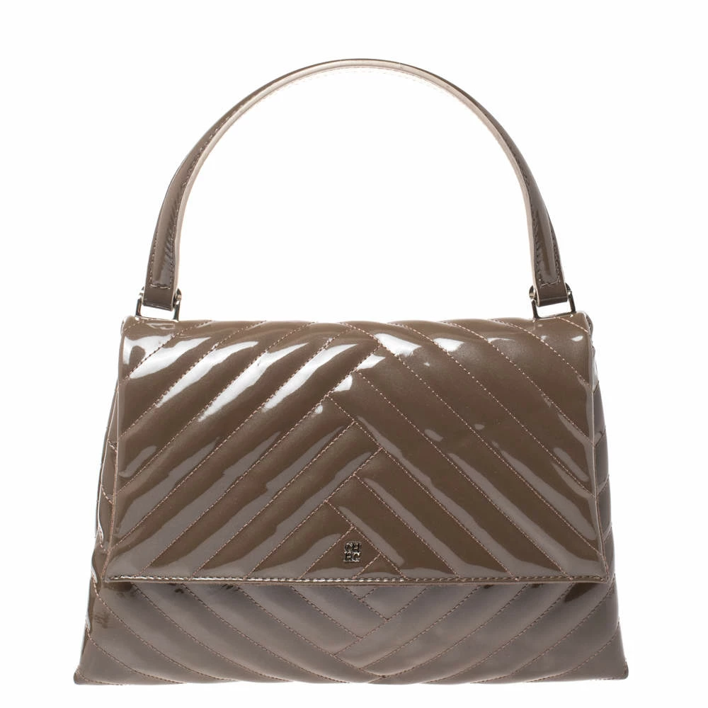 Carolina Herrera Dark Beige Quilted Chevron Patent Leather Flap Top Handle Bag Women