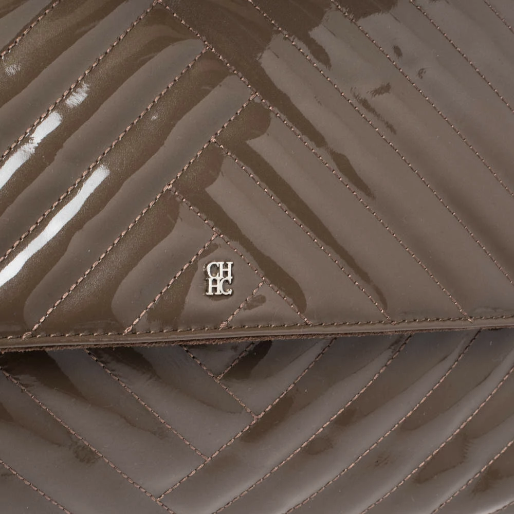 Carolina Herrera Dark Beige Quilted Chevron Patent Leather Flap Top Handle Bag Women