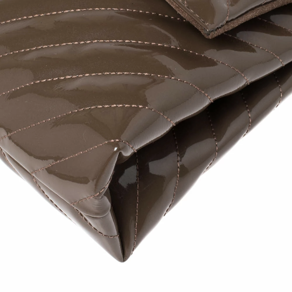 Carolina Herrera Dark Beige Quilted Chevron Patent Leather Flap Top Handle Bag Women