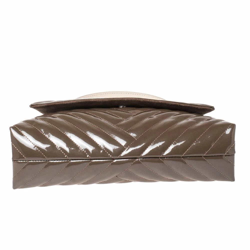 Carolina Herrera Dark Beige Quilted Chevron Patent Leather Flap Top Handle Bag Women