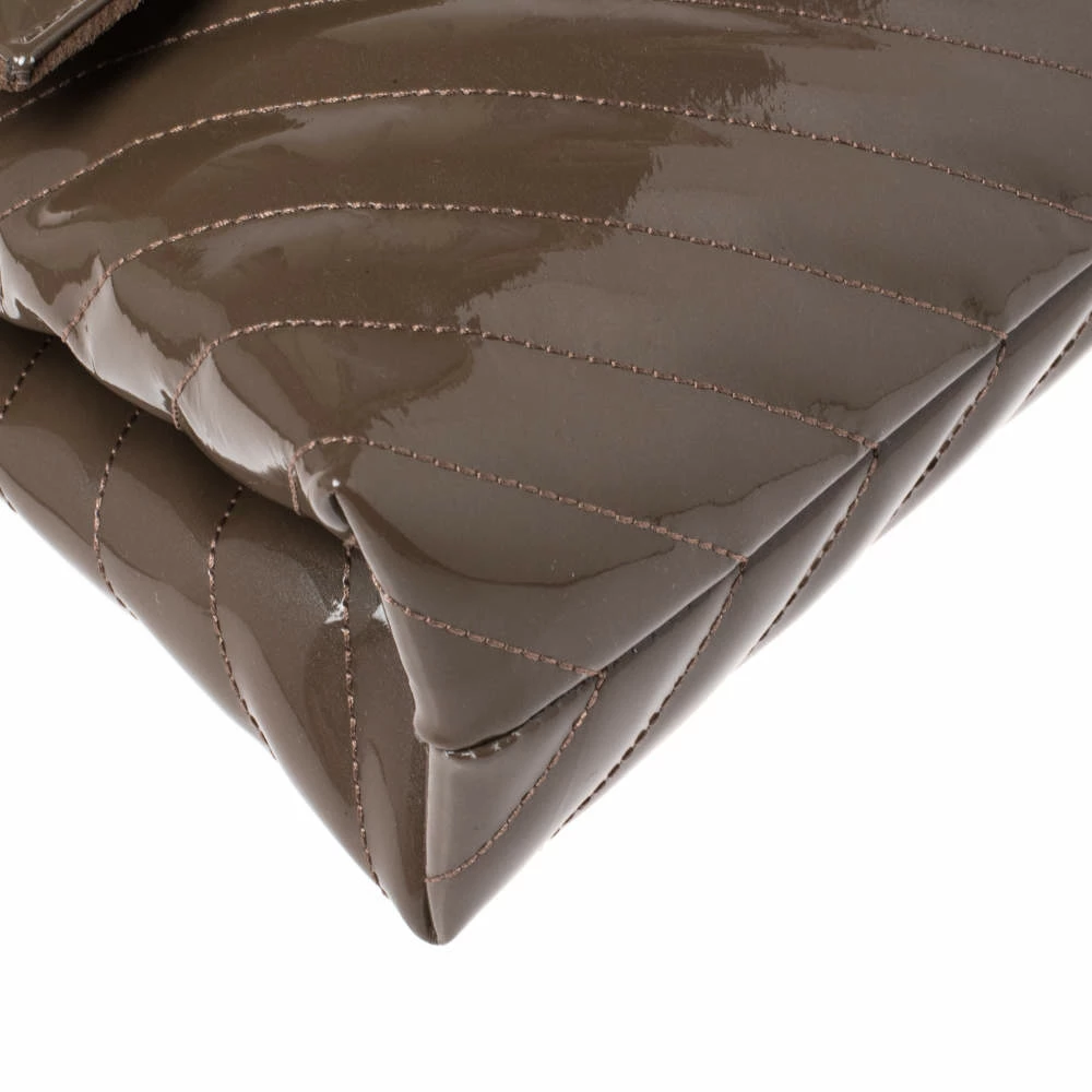 Carolina Herrera Dark Beige Quilted Chevron Patent Leather Flap Top Handle Bag Women