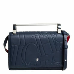 Carolina Herrera Navy Blue/Red Embossed Leather Insignia Flap Top Handle Bag Women